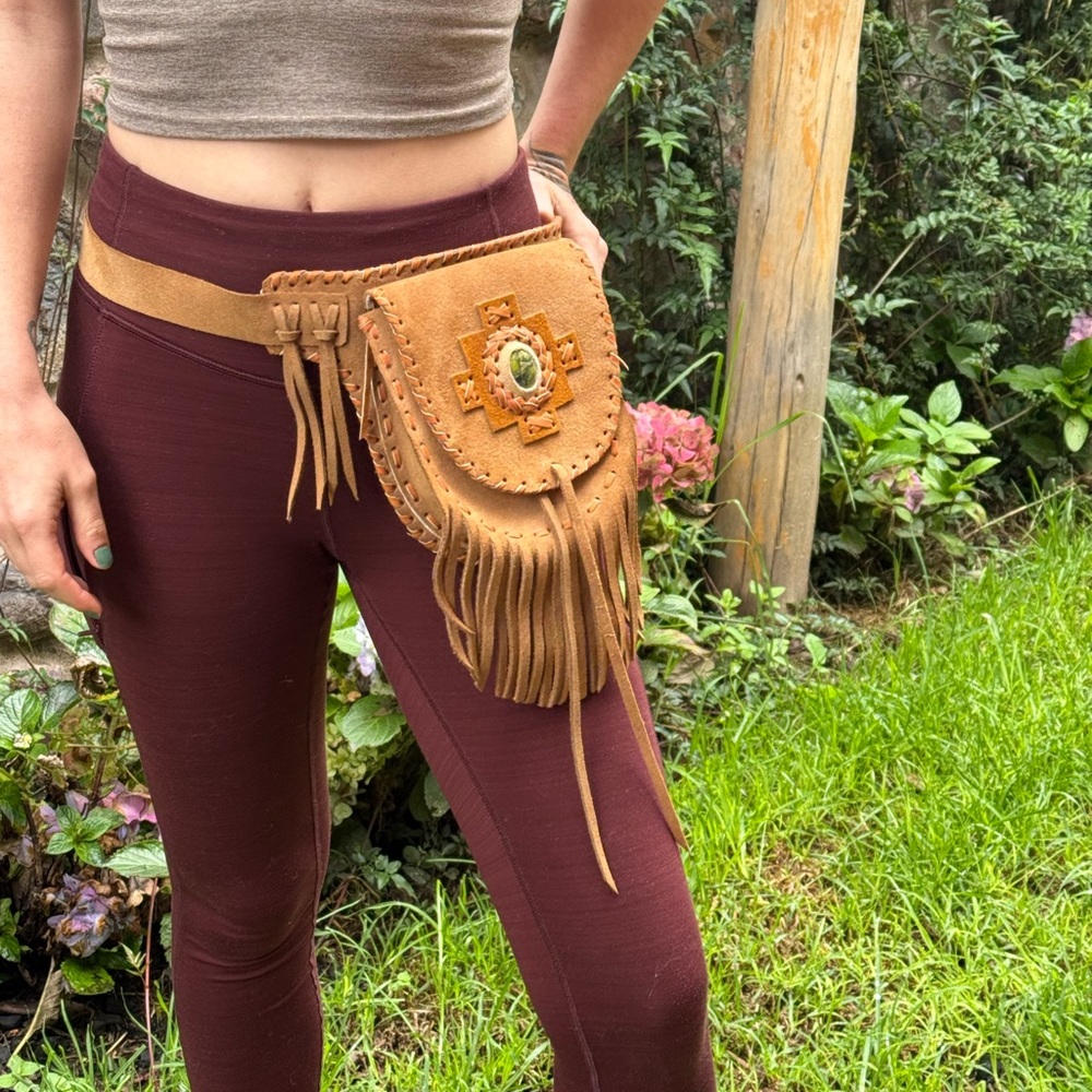 Genuine leather waist bag with Chakana, serpentine stone & fringe detailing